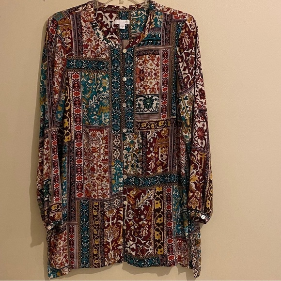 J Jill Long Sleeve Size M Button Up Multicolor Patch Pattern Boho Top Blouse - Picture 1 of 9